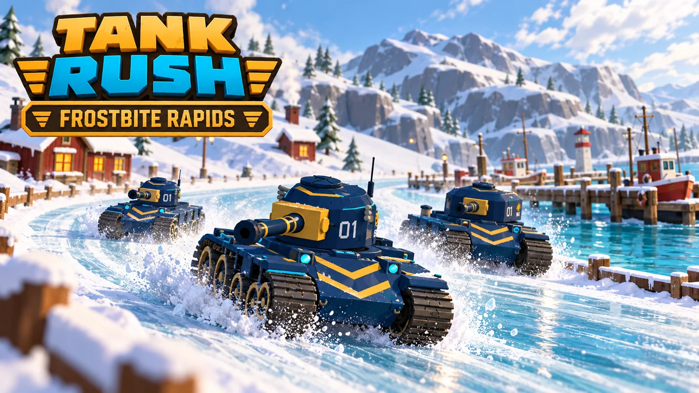 Tank Rush promotional artwork showing tanks racing across ice and snow in Frostbite Rapids