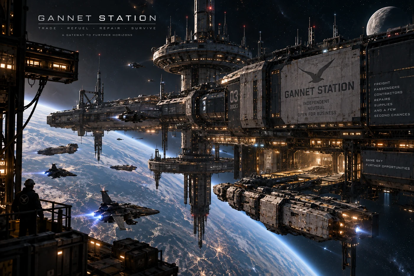 Artwork of an enormous space station above a blue planet, with freighters moving through the docking platforms